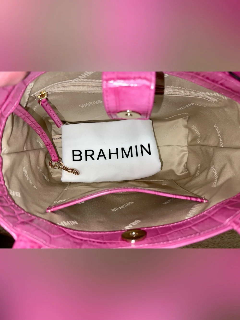 NWT Brahmin Leather Small Mona Tote and Pouch Set, Pink Alba